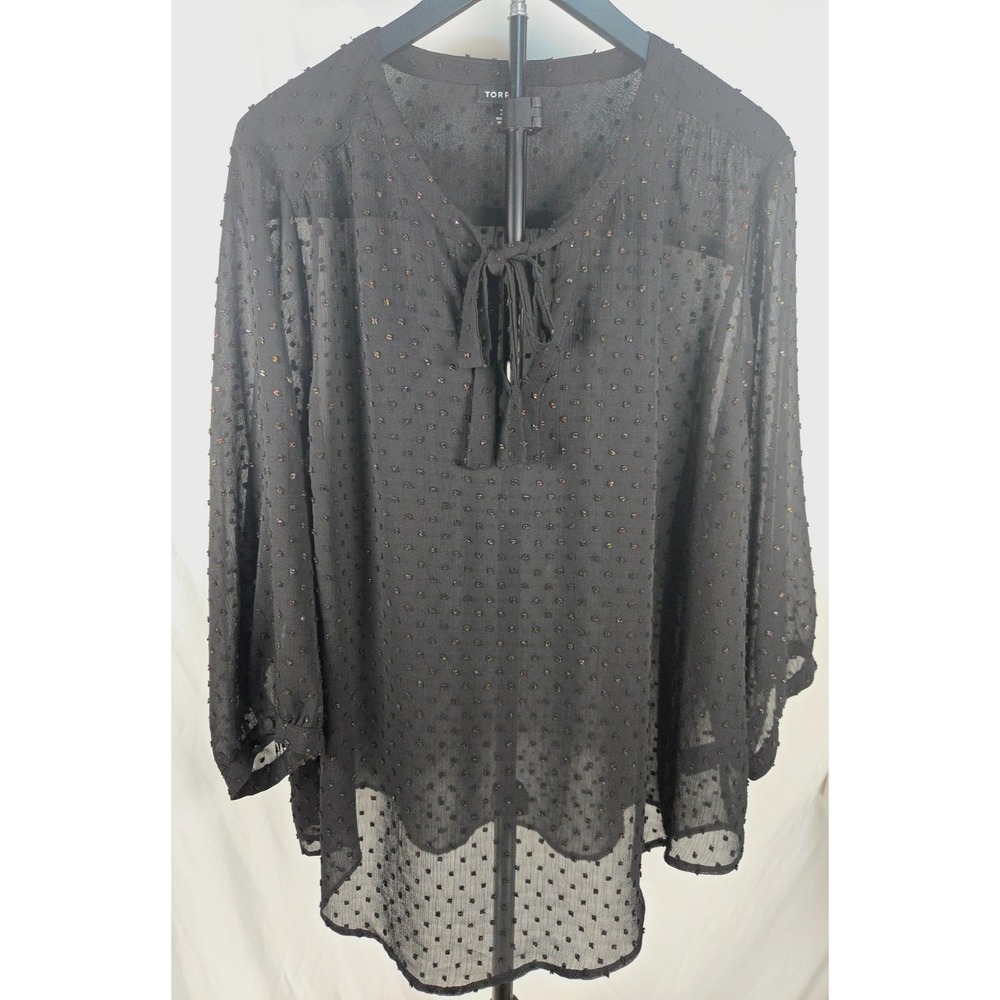 Torrid 3X Black Metallic Swiss Dot Sheer Peasant Blouse Tie Neck Boho